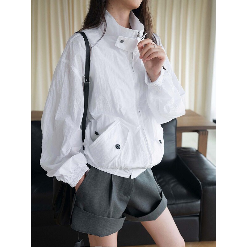 Summer New Parisian Fashionable Ins-Style Stand-Collar Jacket with Elastic Hem, Slimming Sun-Protective Coat for Women