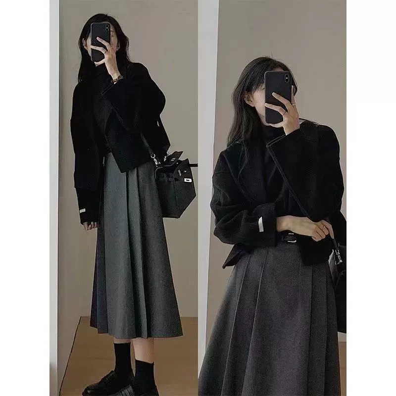 Демисезонный костюм jacket & skirt set, женская укороченная куртка и миди-юбка, наборы или отдельные предметы, размер S–3XL