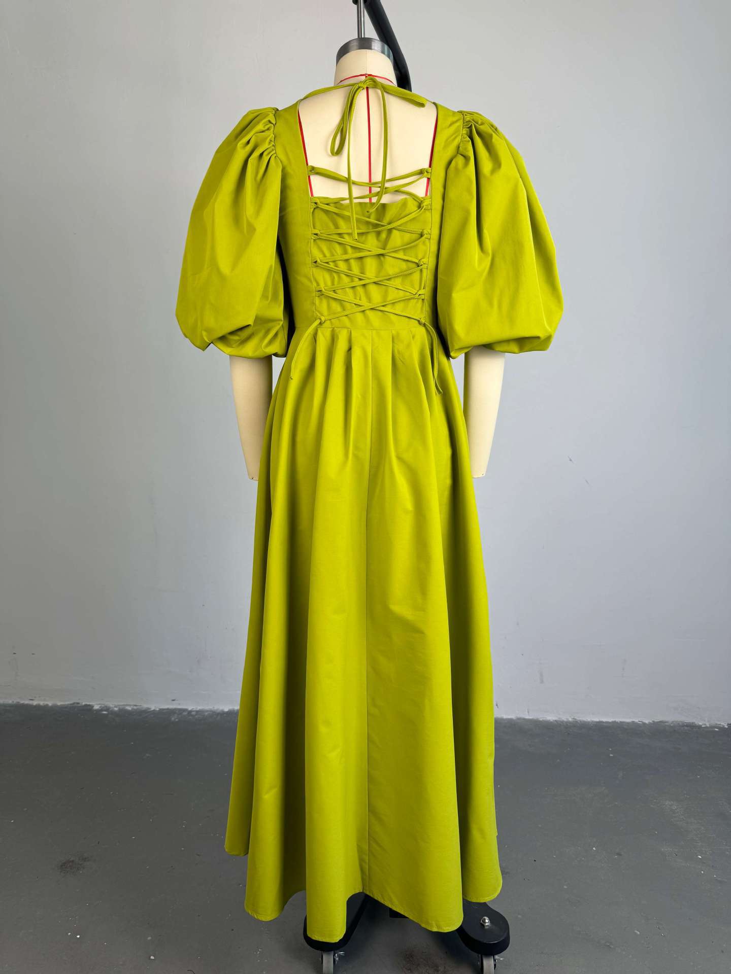 Women Clothing Autumn Sweet Fresh Square Collar Lantern Sleeve High Waist Slimming A line Dress