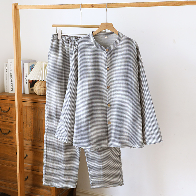 Men's Pure Cotton Double-Layer Gauze Home Wear Pajamas, Round Neck Simple Plaid Breathable Long-Sleeve Long Pants Set Breathable