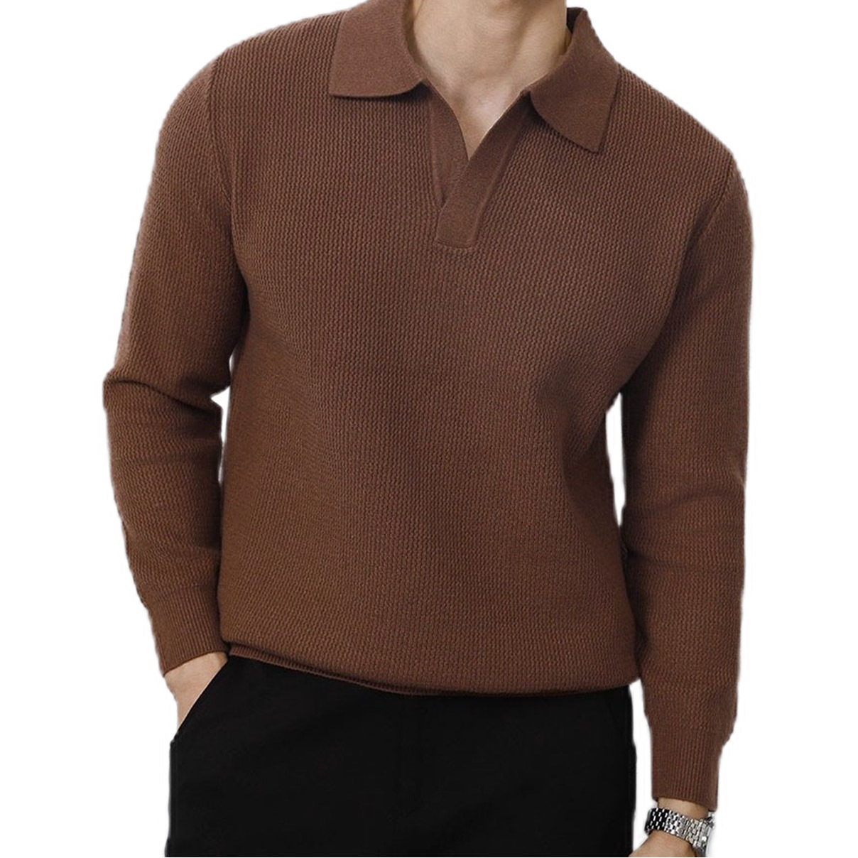 Explosiones transfronterizas de tamaño europeo tamaño grande polo collar V camiseta de punto suéter hombre viejo dinero viento gaviota fábrica de collar al por mayor