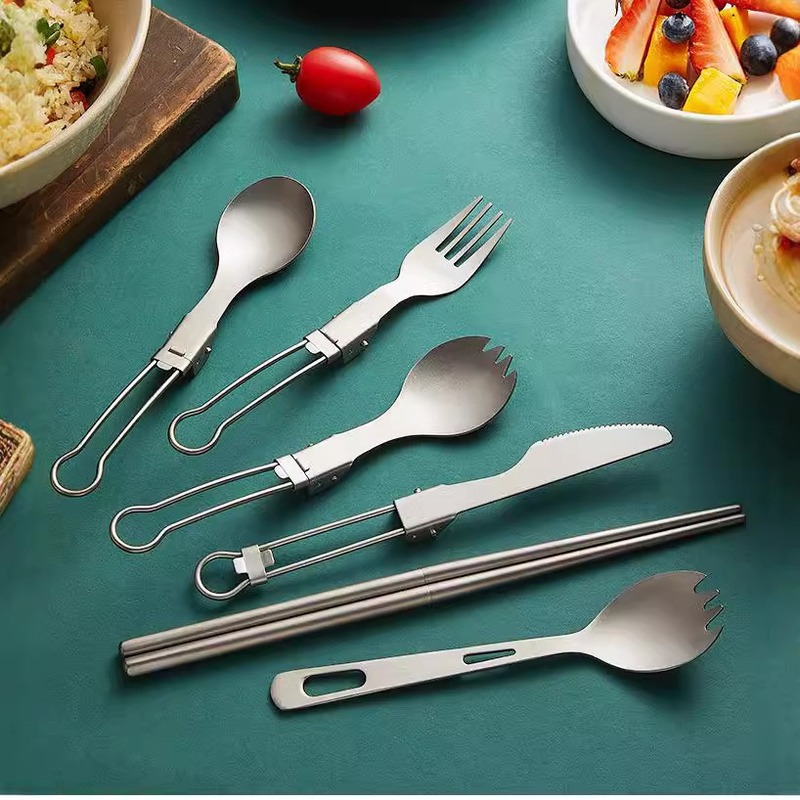 屋外純チタン折り畳みスプーンフォーク箸セットキャンプ携帯型チタン食器スプーンフォークチタン合金属箸スプーンフォーク|undefined