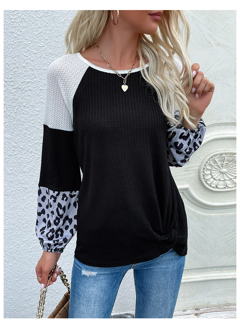 Maglione a maniche lunghe con stampa leopardata a contrasto di colore_voghion.com