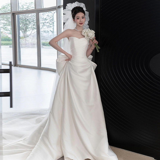 French Style Light Wedding Dress Bride's Simple Satin Strapless High-end Small Tail Main Yarn Welcome Out Yarn White Gown