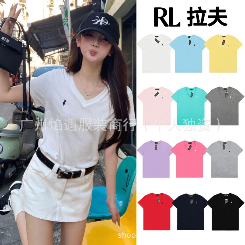 In Stock, Can Be Scanned for Purchase~Rl Ralph Lauren Classic Pony Embroidery V-Neck Casual Women's Basic Short-Sleeve Shirt, Available for Dropshipping