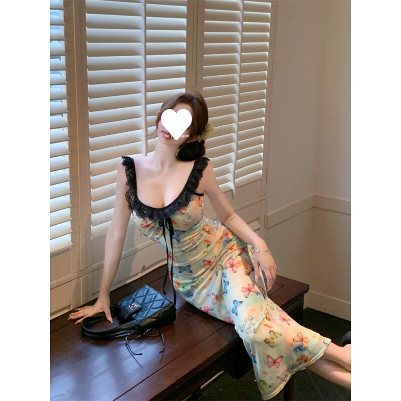 Butterfly Print Lace Stitching Sling dress Women's Summer Sexy Pure Tight Long Dress