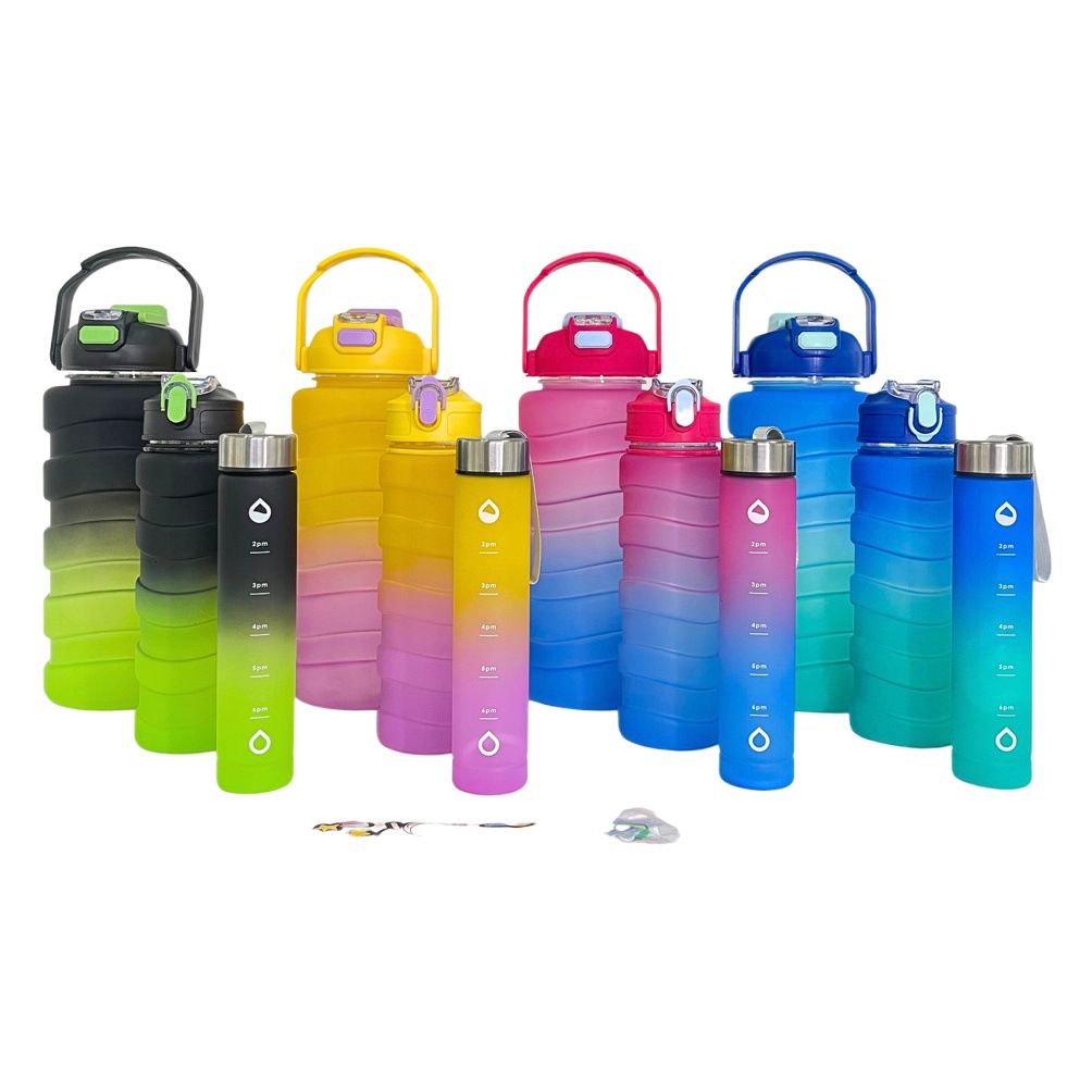 Nuevo gradiente de color de tres piezas de gran capacidad de botella de agua portátil mango doble bebida taza de agua de plástico deportes al aire libre hervidor de agua