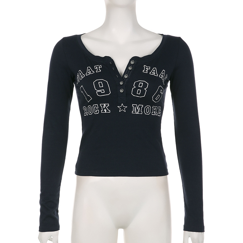 Letters Numbers Printed Long Sleeved T Shirt Women Half Breasted V Neck Pullover Base Short Top