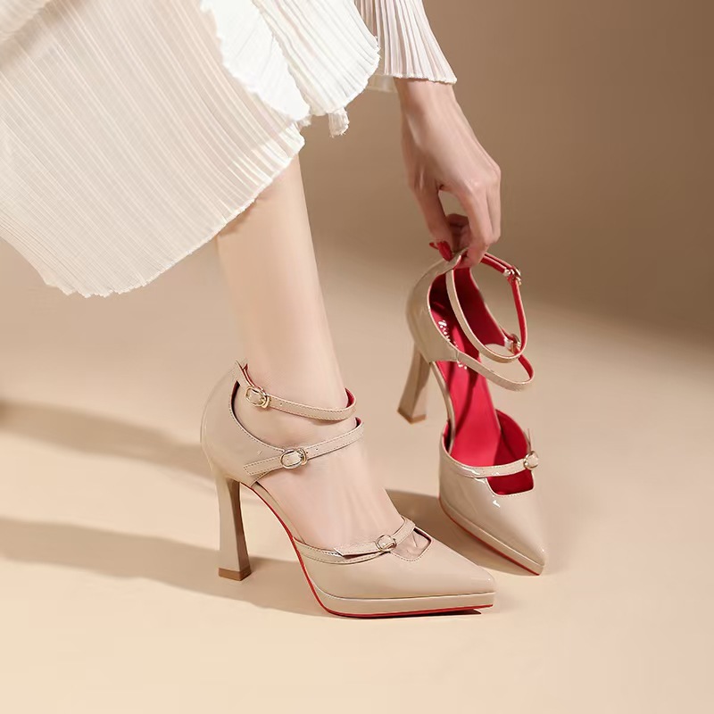 Giày cao gót nữ mũi nhọn quai ngang đế xuồng gót 10 cm phong cách Pháp — Màu da-10cm