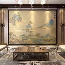书房客厅沙发墙布千里江山图墙纸国画山水电视背景墙壁纸茶室壁布