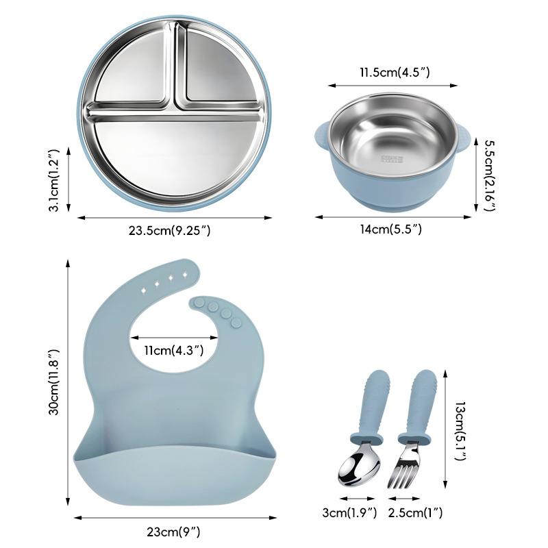 Bandeja de comedor de acero inoxidable 304 para niños Juego de cinco piezas Ventosa inferior Tipo de rejilla dividida Vajilla para niños Placa de rejilla cuantitativa para estudiantes