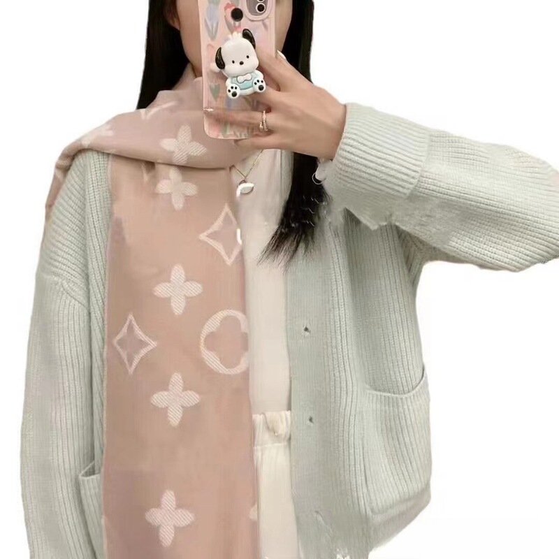 秋冬季羊毛围巾女士流苏LOGO字母披肩双面羊绒玫瑰粉黑色围脖保暖|undefined