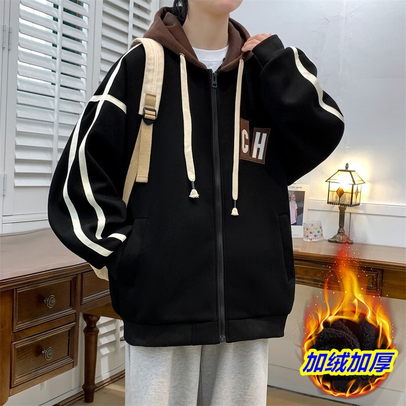 外贸批发连帽棒球服外套男冬季潮牌宽松休闲夹克大码开衫加绒卫衣|undefined