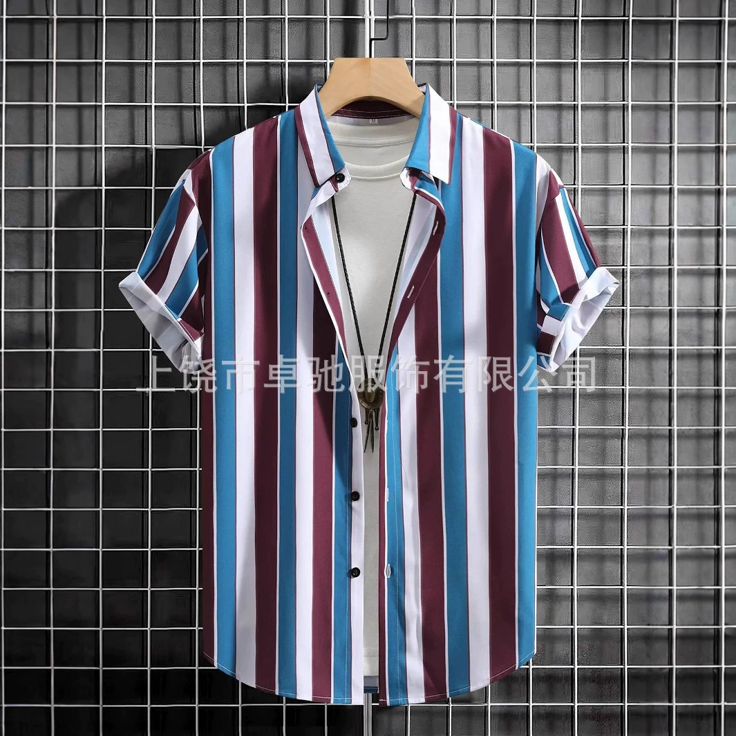 2025 летняя новая мужская рубашка с полосками и 3D-принтом, мужской кардиган с отложным воротником для трансграничного экспорта