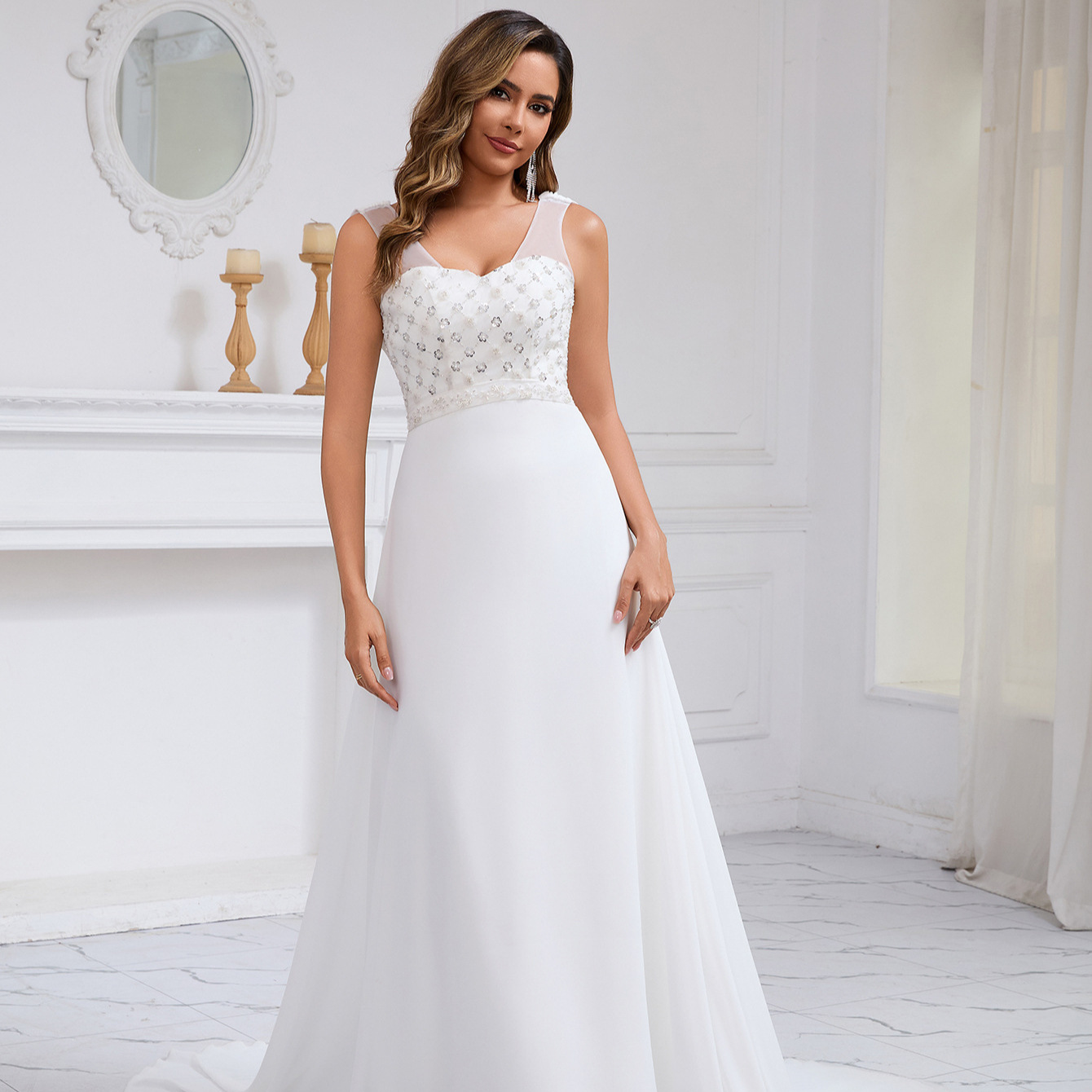 Amazon Cross-Border Women's Wedding Dress White Strapless New Elegant Evening Gown with a Small Train Design