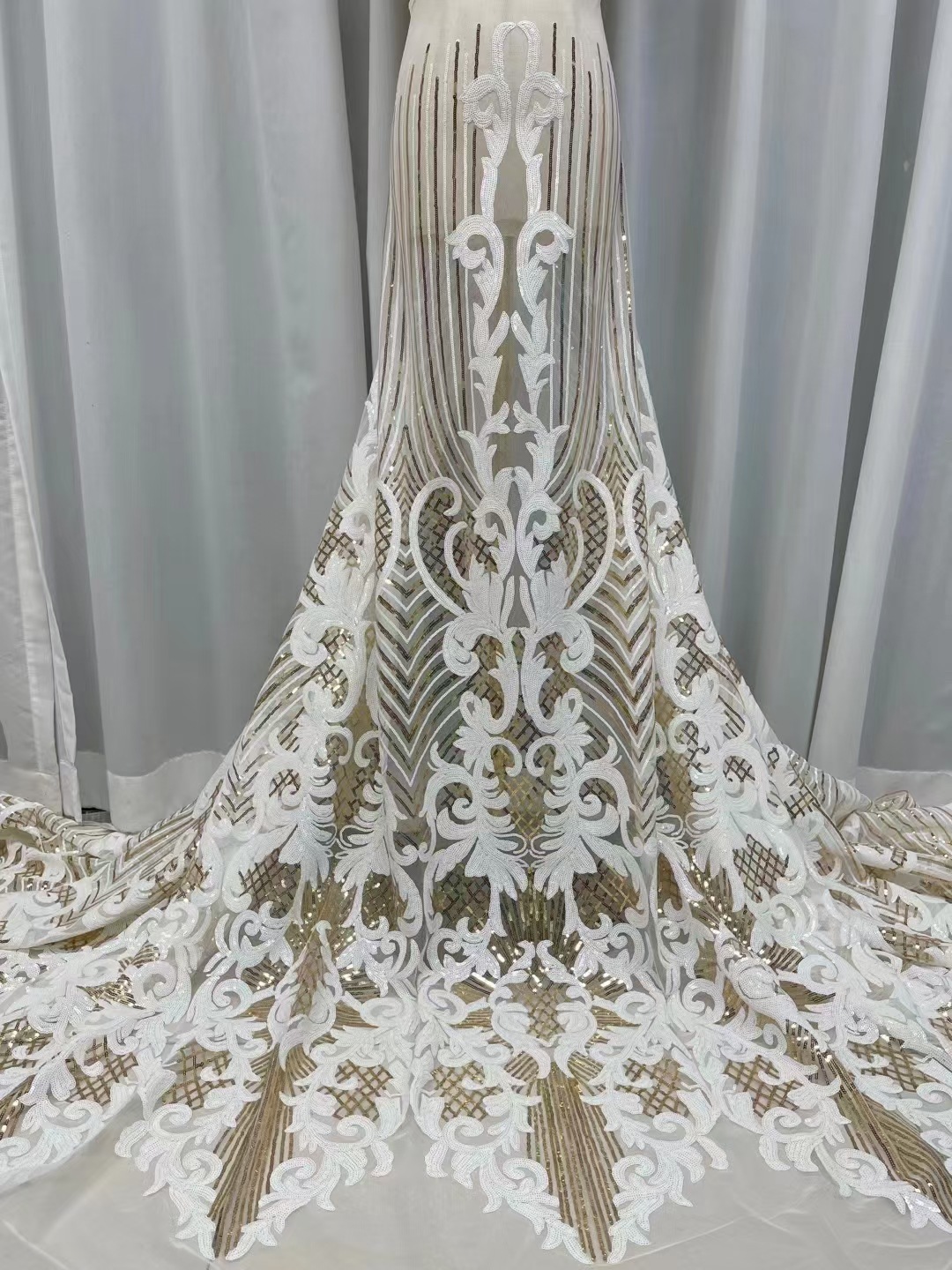 Lentejuelas tela de encaje africano europeo y americano vestido de novia moda bordado tela de encaje de lentejuelas JX1296