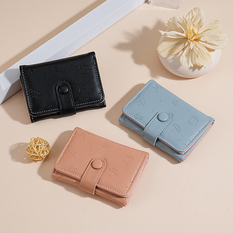 Nueva bolsa corta para mujeres, cuero PU, hermoso paraguas, impresión de 30 por ciento, bolso de botón de botón, bolso de tarjeta múltiple.