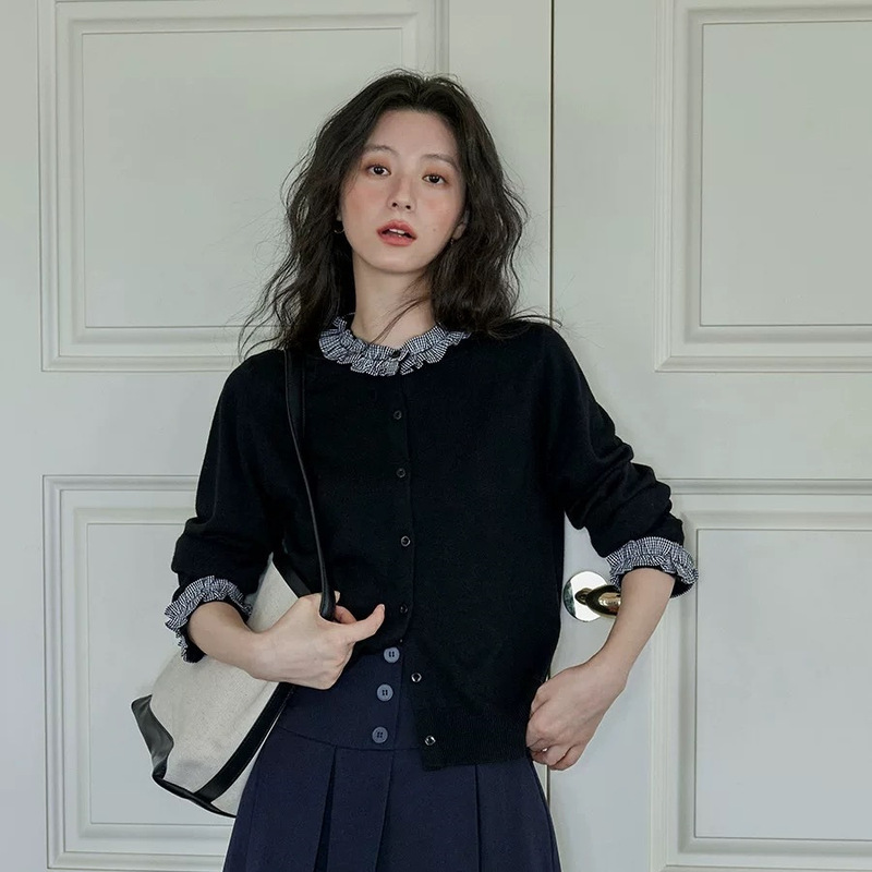 25秋冬新款女丝绒+羊毛布艺花边开衫针织衫外套长袖显瘦气质洋气|undefined