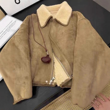 麂皮绒外套韩系羊羔毛皮毛一体短款机车服皮衣女冬小个子2025新款