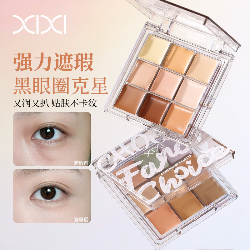 xixi's Soft and Even-Effect Nine-Color Concealer Palette is moisturizing, non-cakey, and covers blemishes, acne scars, dark circles, and tear troughs.