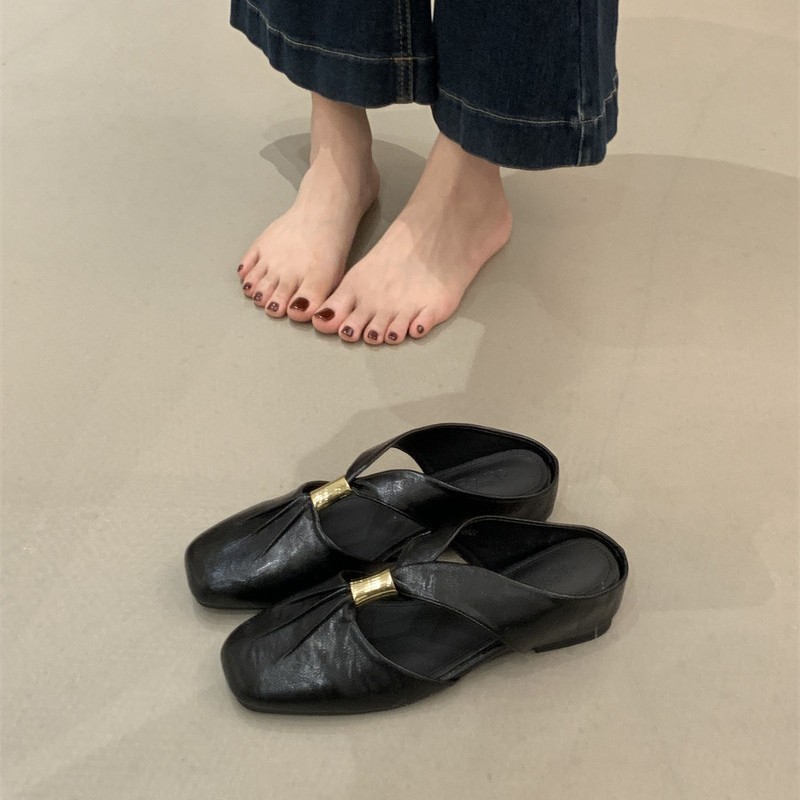 women's Slippers Sheepskin Version ~ 5Cm Internal Height Increase, Pleated Closed-Toe Slippers For Women, French Style Summer Outdoor_voghion.com