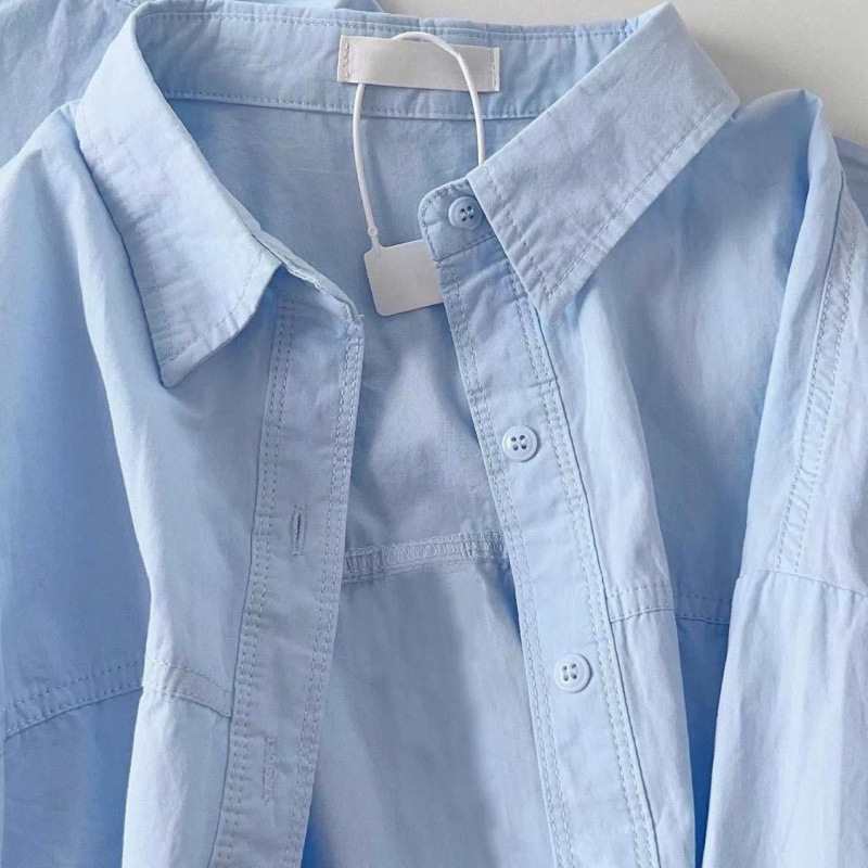 Mori Style Light Luxury Cotton Blue Shirt Women's Spring and Autumn Inner Stacked Wear All-Match Slimming Shoulder Shirt for Small Women