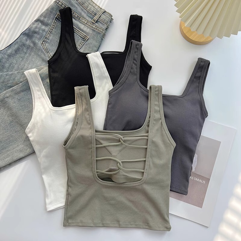 Cross Backless Design Beautiful Back Sling with Chest Pad Cotton Square Collar Vest Women's Inner Wearing Outer Wearing Short Top for Summer