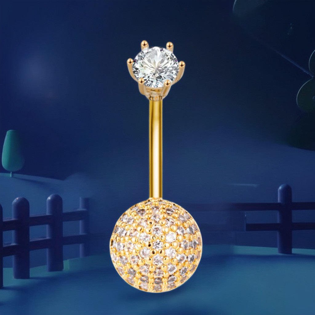 Belly Button Ring With Crown Head And Round Zirconia Stud_voghion.com