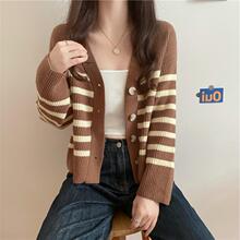 条纹针织开衫女秋冬2026新款宽松韩版慵懒风毛衣外套长袖v领上衣