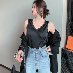 2022法式吊帶背心女外穿夏無袖V領蕾絲拼接內搭性感短款打底批發