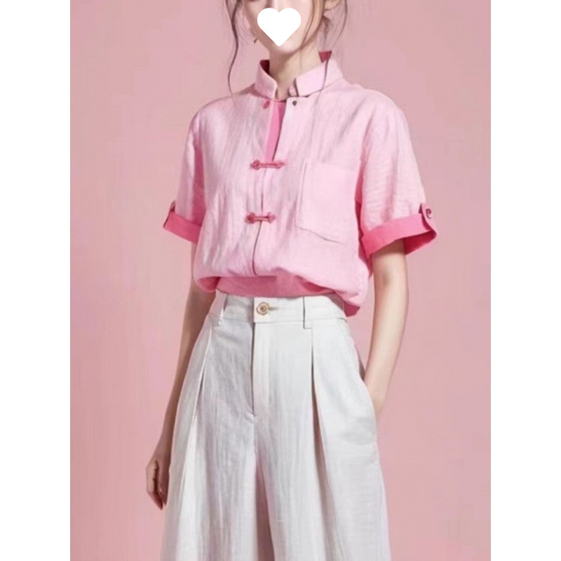 新中式多巴胺粉色上衣女夏季新款时尚亚麻盘扣短袖棉麻衬衫