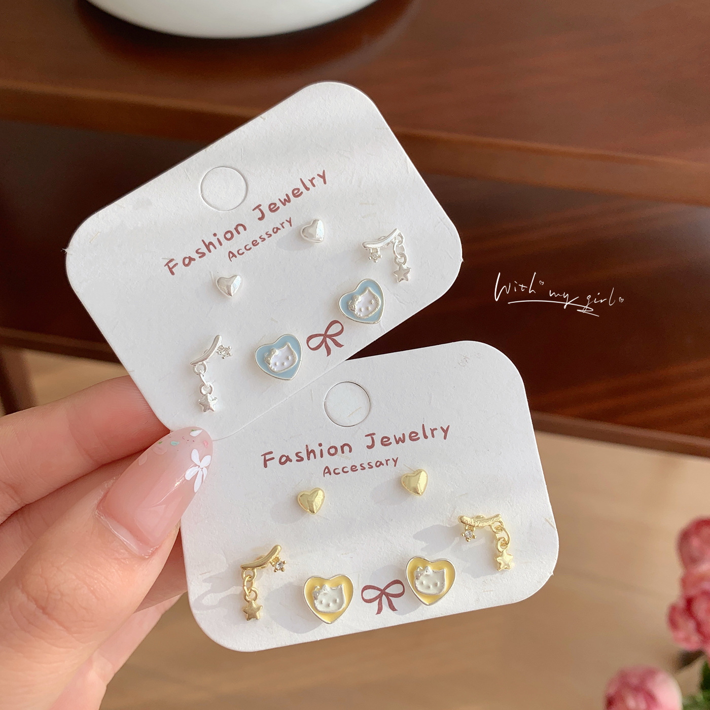 cartoon cute oil dripping lovely kt  stud earrings three-piece set women‘s silver needle small exquisite sweet girly earrings