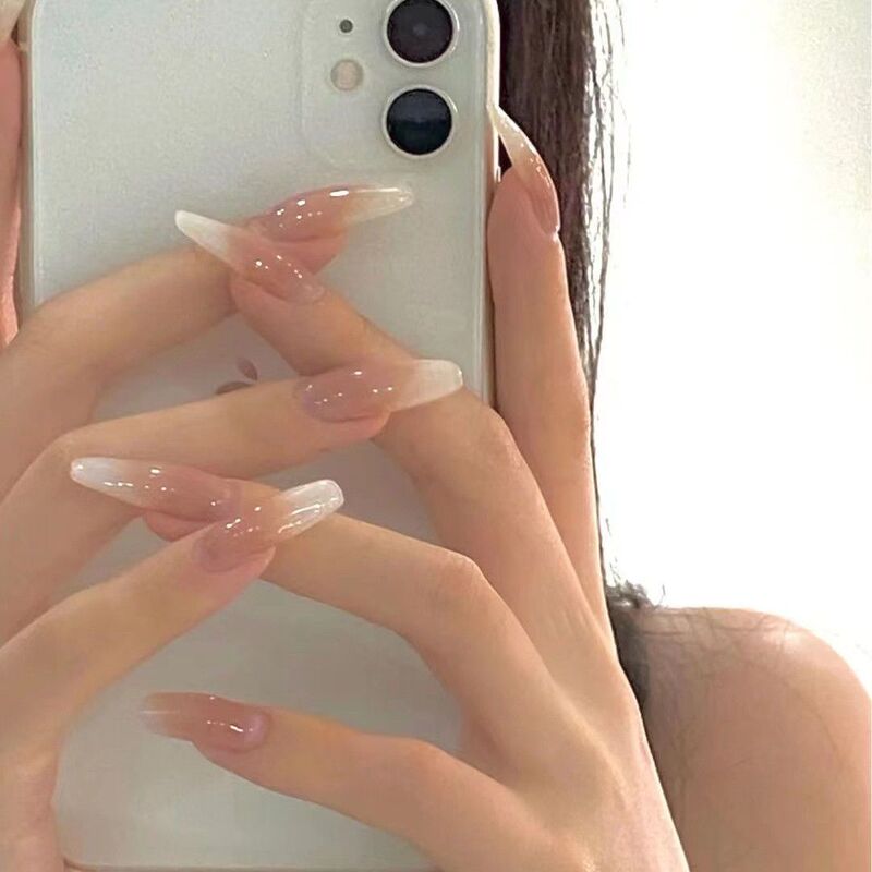 Handmade milky white gradient nude color wearing nail pure desire style manicure finished white detachable fake nail patch