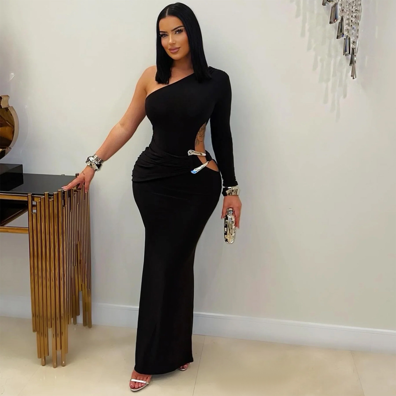 C7543 Aliexpress transfronterizo Amazon Europa y América moda de mujer sexy de hombro inclinado de manga única delgada vestido de color sólido image 4
