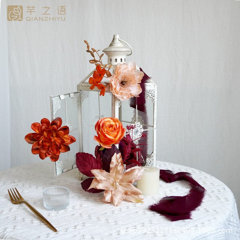 亞馬遜熱賣秋季暖橙紅色仿真絹布花盒婚禮訂婚儀式用品新娘伴娘捧