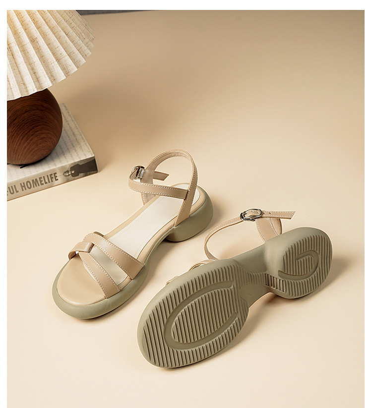 Sandal nữ đế bằng da thật quai chữ V mùa hè chống trượt — Màu đen chi tiết 24