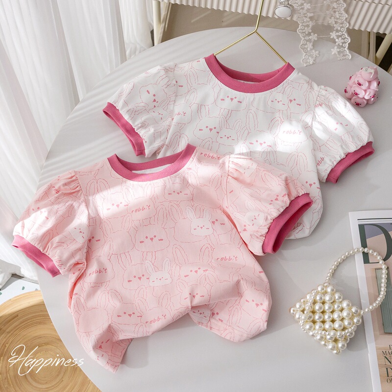 Girls' Short-Sleeved T-Shirt 2026 Summer Sweet and Cute Rabbit Print Puff-Sleeved T-Shirt Baby Summer Clothes