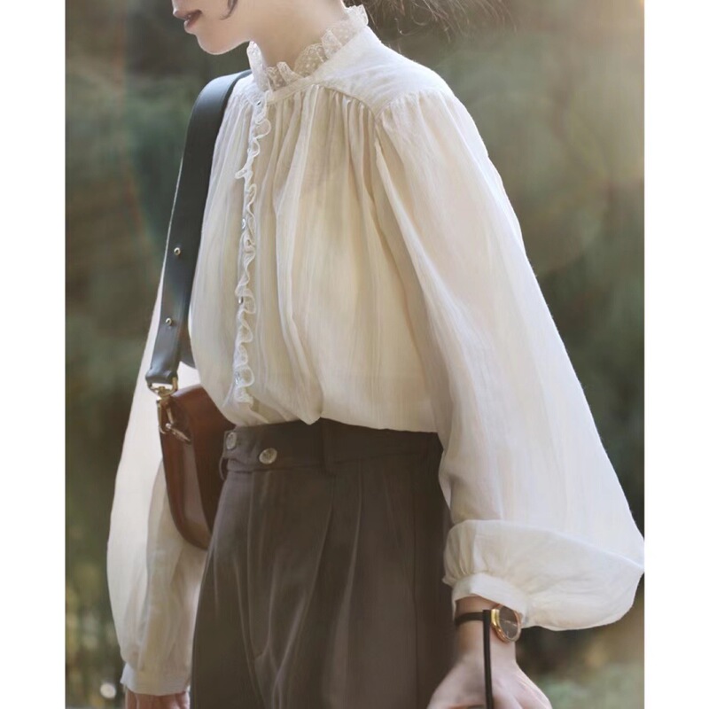 Ramesse |   French Retro Lace Collar Light Lantern Sleeve Long-Sleeved Shirt Autumn Tulle Apricot/Black