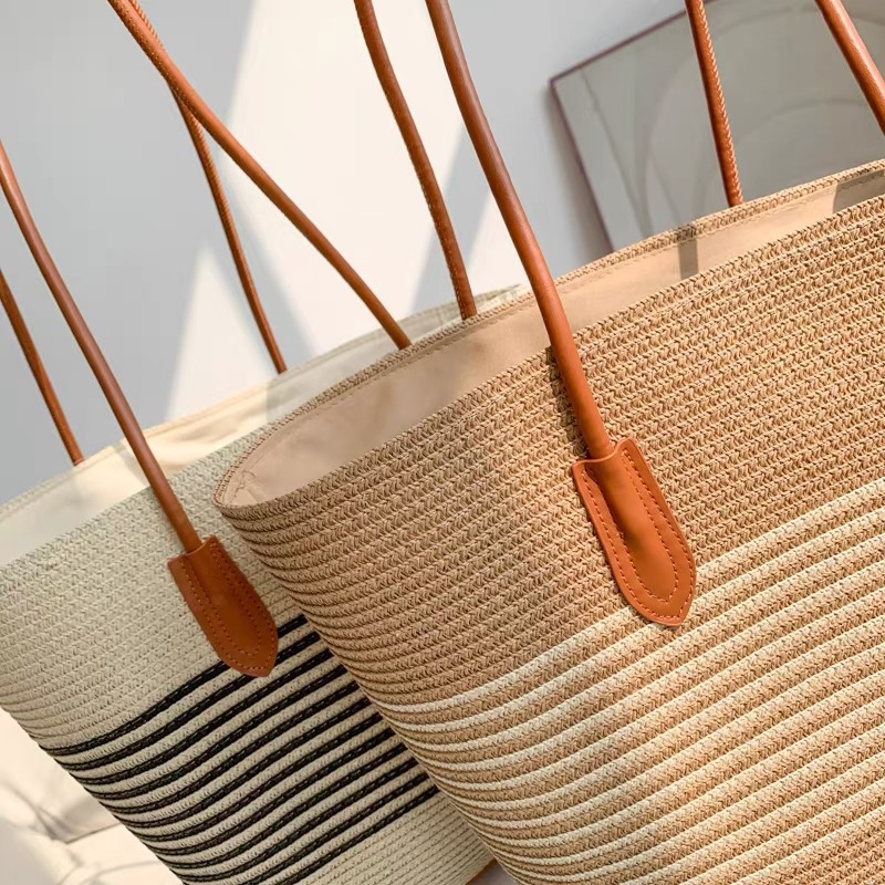 New Summer Striped Single Shoulder Commuting Straw Woven Bag, New Large Capacity Casual And Fashionable Women's Beach Tote Bag_voghion.com