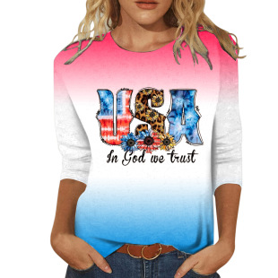 Amazon cross-border women's three-quarter sleeve T-shirt 3D printing gradient Independence Day USA 3D women's clothing European and American women's T-shirt
