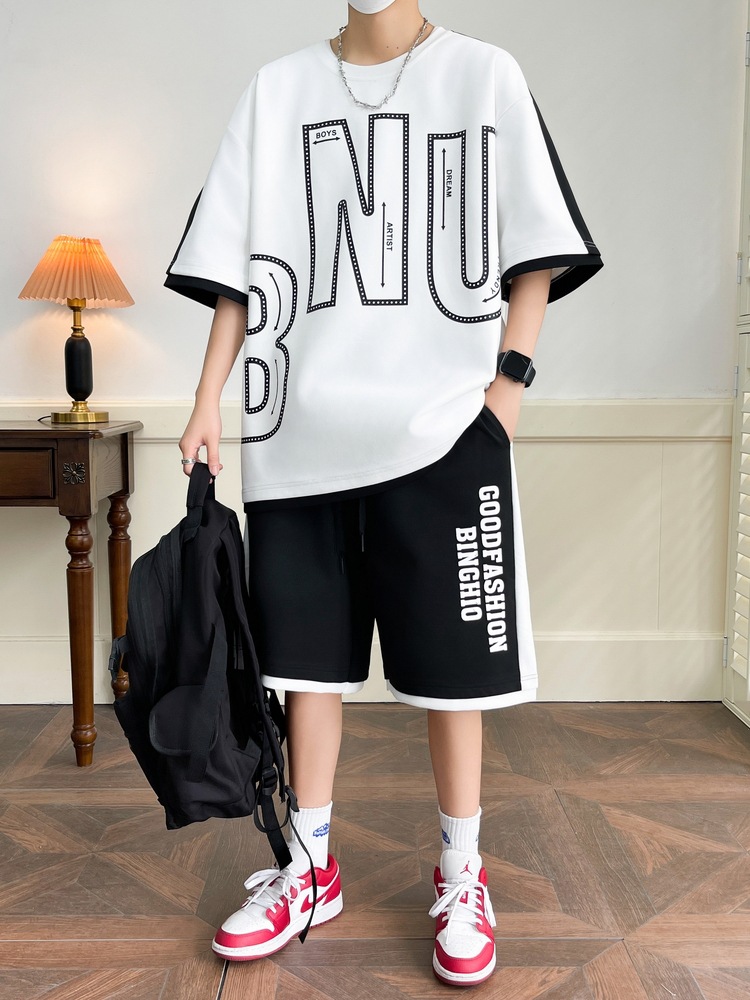 2025 verano Hong Kong estilo de ropa de hombre de seda cool algodón cuello redondo camiseta de manga corta pantalones cortos de dos piezas estilo de moda casual