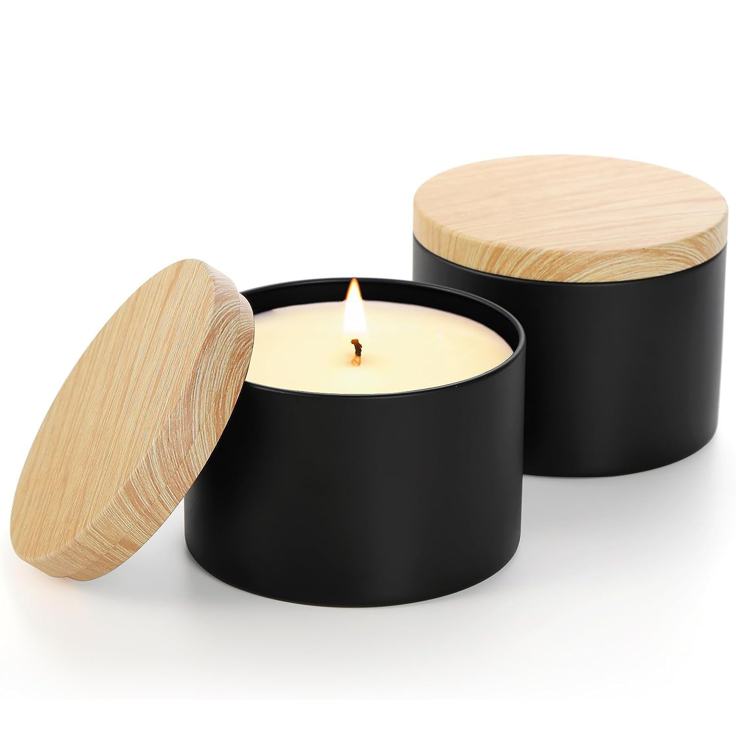 Caja redonda de hojalata negra sellada de doble cara con tapa de imitación de madera de alta gama para dulces, velas y aromaterapia, 4oz 8oz, al por mayor
