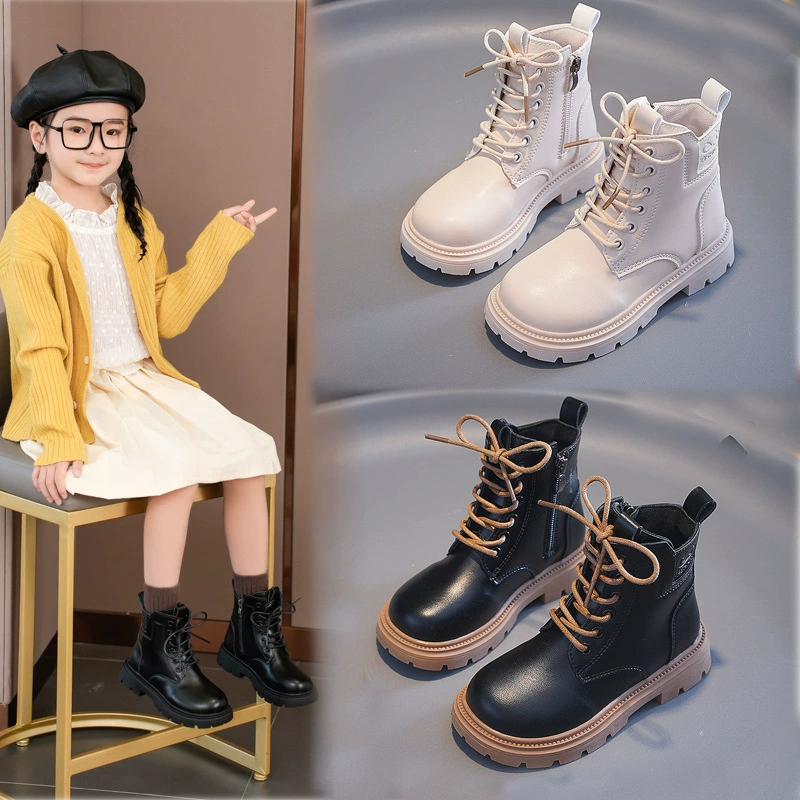 Детские ботинки осень-зима 2024, новые, для девочек начальной школы, короткие бархатные ботинки, нескользящие кожаные ботинки, британский стиль для мальчиков