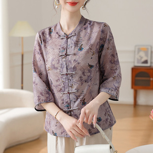 New Chinese Style Printed National Style New Summer Mother's Shirt Middle-aged and Elderly Grandma Top plus size Western Style Seven-point Sleeve