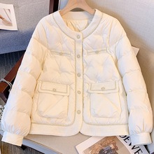 白色小香风圆领羽绒服女短款2024冬季新款宽松粗花呢无领外套