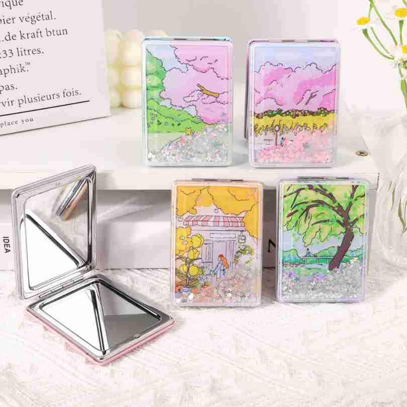 Moda creativa de moda rectangular espejo de maquillaje de arena flotante, espejo de maquillaje portátil, espejo de maquillaje de arena flotante, espejo de maquillaje