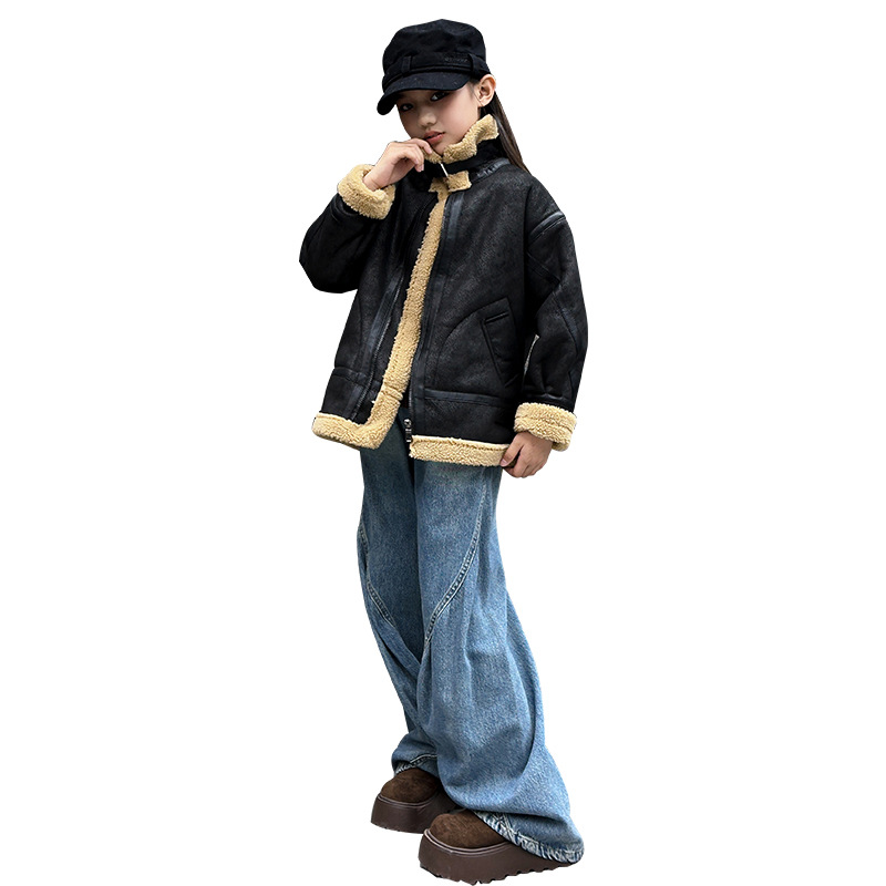 모피 원 LAMBSWOOL COAT 여성용 2024 가을 및 겨울 새로운 느슨한 레트로 바이커 코트 두꺼운 재킷 여성 코트
