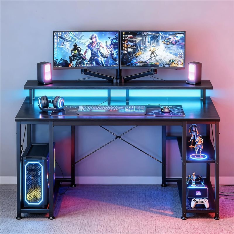 Cross-Border Computer Desk with Sockets and Light Strips for Gaming Desk, Study Desk, with Monitor Stand and Storage Shelves Cross-Border Computer Desk with Sockets and Light Strips for Gaming Desk, Study Desk, with Monitor Stand and Storage Shelves