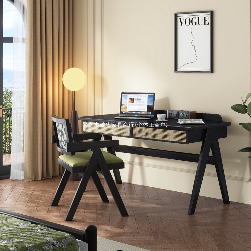 Retro-style solid ash wood desk for study, office, and home use, black light-luxury rattan study and computer table