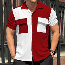 亚马逊夏季新款跨境男士拼色短袖透气休闲沙滩衬衣短款纽扣开衫